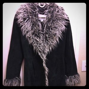 Long black leather faux fur coat